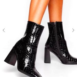 Taking Flare of Business, Faux-Croc Block-heeled boots